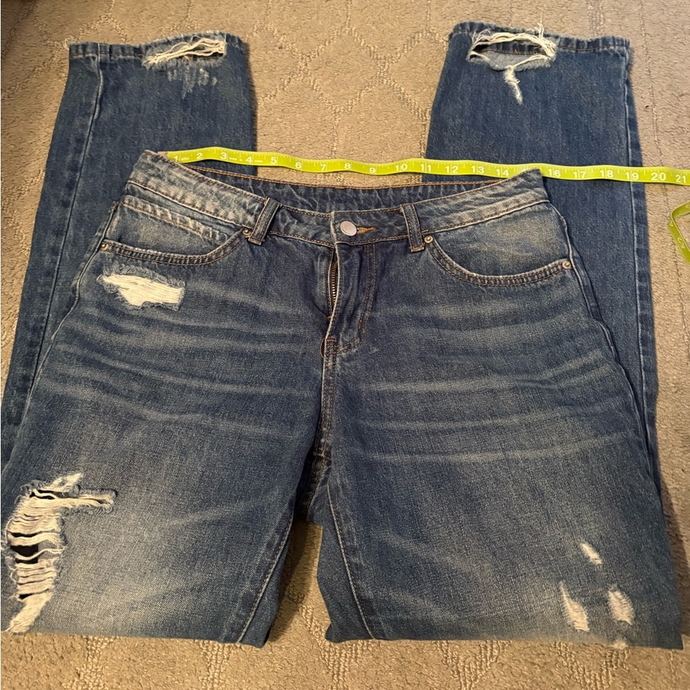 Classic Blue Distressed Straight Leg Jeans